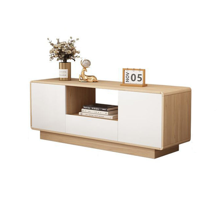 Moderner minimalistischer Eco Board TV-Ständer aus Massivholz mit mehreren Schichten, abgerundeter rechteckiger Form und 2 Aufbewahrungsmöglichkeiten für das Wohnzimmer 