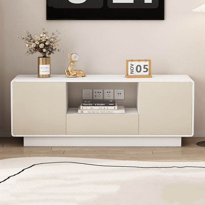 Moderner minimalistischer Eco Board TV-Ständer aus Massivholz mit mehreren Schichten, abgerundeter rechteckiger Form und 2 Aufbewahrungsmöglichkeiten für das Wohnzimmer 