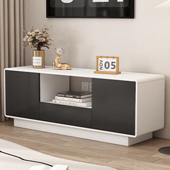 Moderner minimalistischer Eco Board TV-Ständer aus Massivholz mit mehreren Schichten, abgerundeter rechteckiger Form und 2 Aufbewahrungsmöglichkeiten für das Wohnzimmer 