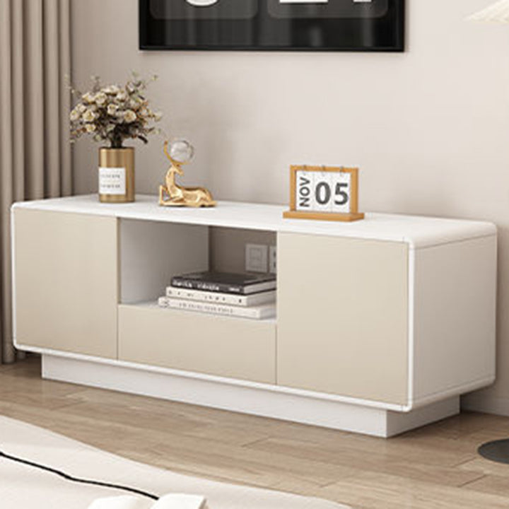 Moderner minimalistischer Eco Board TV-Ständer aus Massivholz mit mehreren Schichten, abgerundeter rechteckiger Form und 2 Aufbewahrungsmöglichkeiten für das Wohnzimmer 