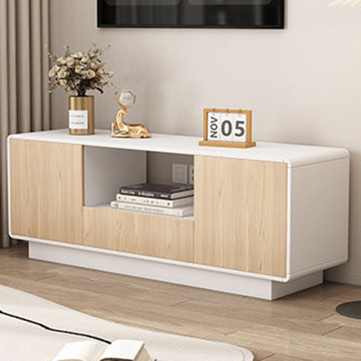Moderner minimalistischer Eco Board TV-Ständer aus Massivholz mit mehreren Schichten, abgerundeter rechteckiger Form und 2 Aufbewahrungsmöglichkeiten für das Wohnzimmer 