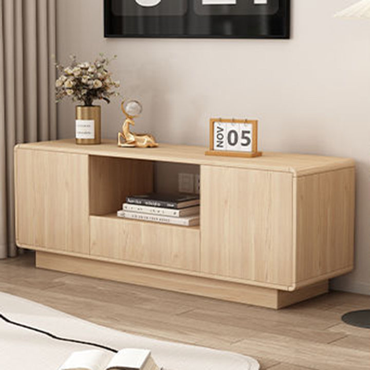 Moderner minimalistischer Eco Board TV-Ständer aus Massivholz mit mehreren Schichten, abgerundeter rechteckiger Form und 2 Aufbewahrungsmöglichkeiten für das Wohnzimmer 