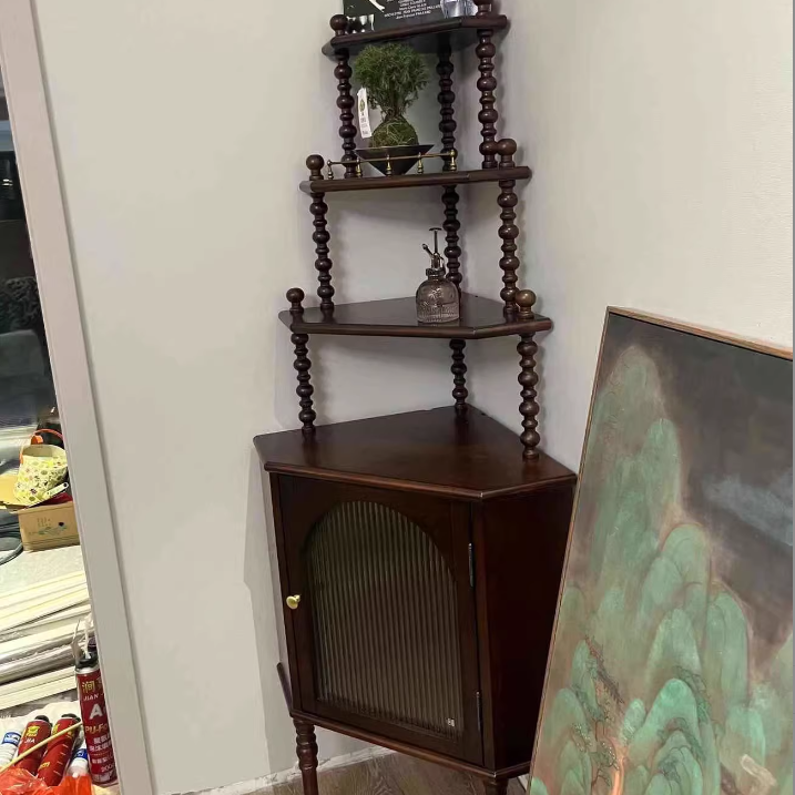 Traditional Vintage Pine Wood Irregular Pentagon Storage Shelf 4-Tier For Living Room