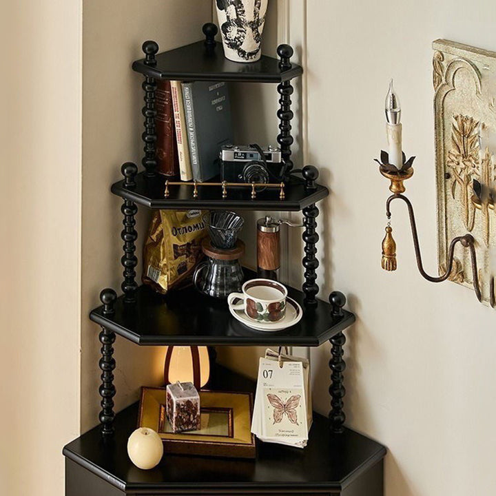 Traditional Vintage Pine Wood Irregular Pentagon Storage Shelf 4-Tier For Living Room