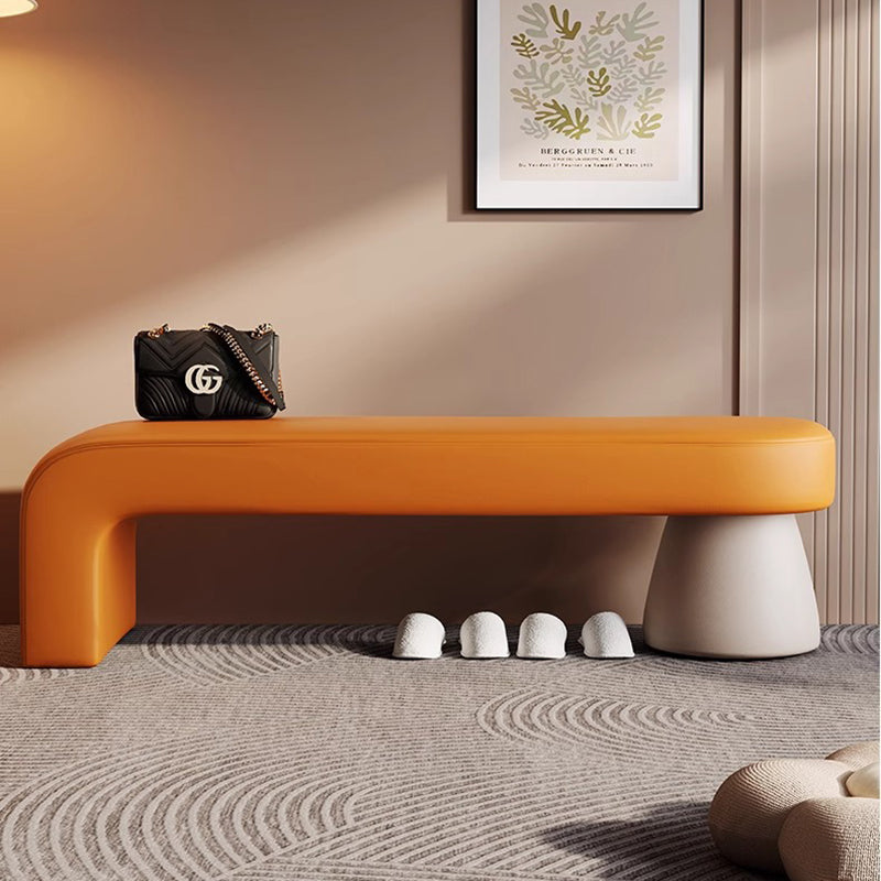 Contemporary Scandinavian PU Leather Solid Wood Curved Oval Shoe Bench For Living Room