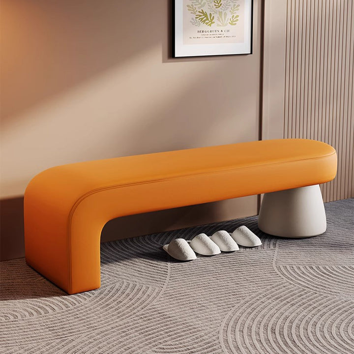 Contemporary Scandinavian PU Leather Solid Wood Curved Oval Shoe Bench For Living Room