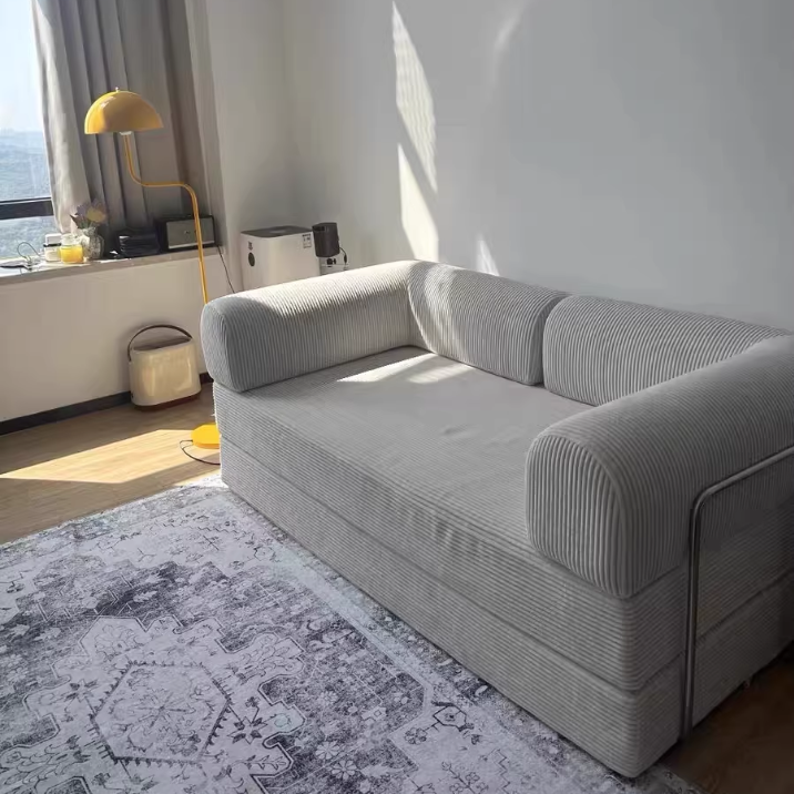 Modern Minimalist Stainless Steel Fabric Corduroy Curved Square Sofa With Backrest &amp; Armrests For Living Room