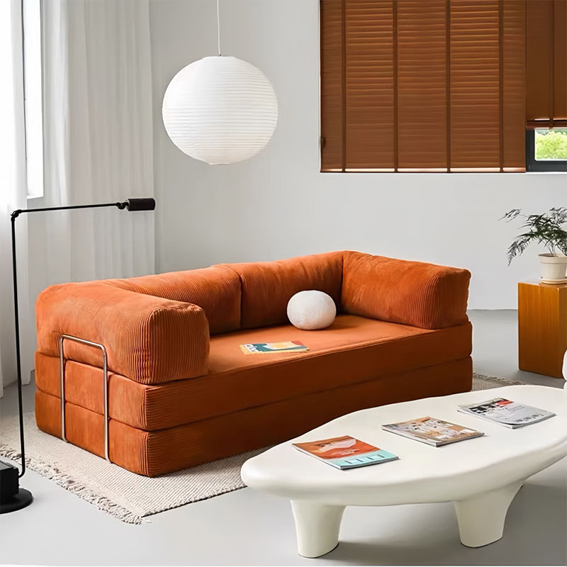 Modern Minimalist Stainless Steel Fabric Corduroy Curved Square Sofa With Backrest &amp; Armrests For Living Room