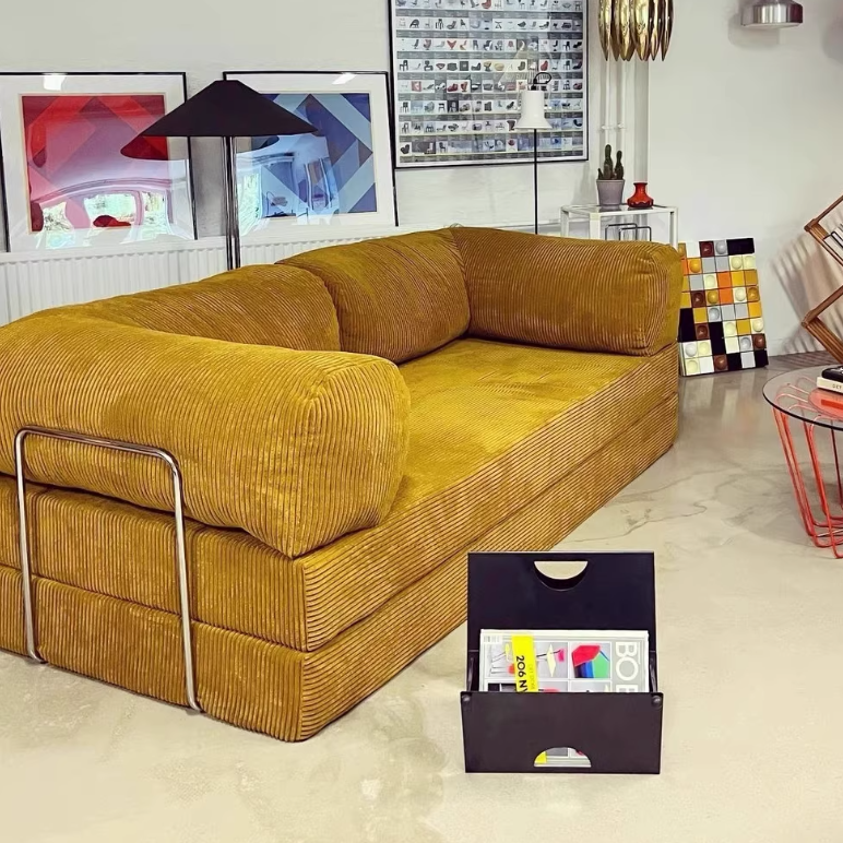 Modern Minimalist Stainless Steel Fabric Corduroy Curved Square Sofa With Backrest &amp; Armrests For Living Room