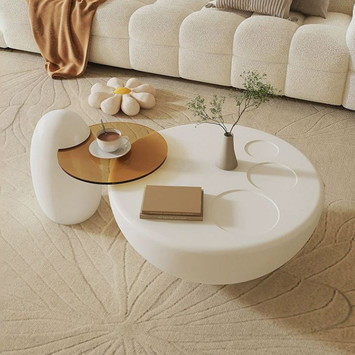 Table basse ronde contemporaine en fibre de verre et verre, en forme d'œuf, à un niveau, pour salon 