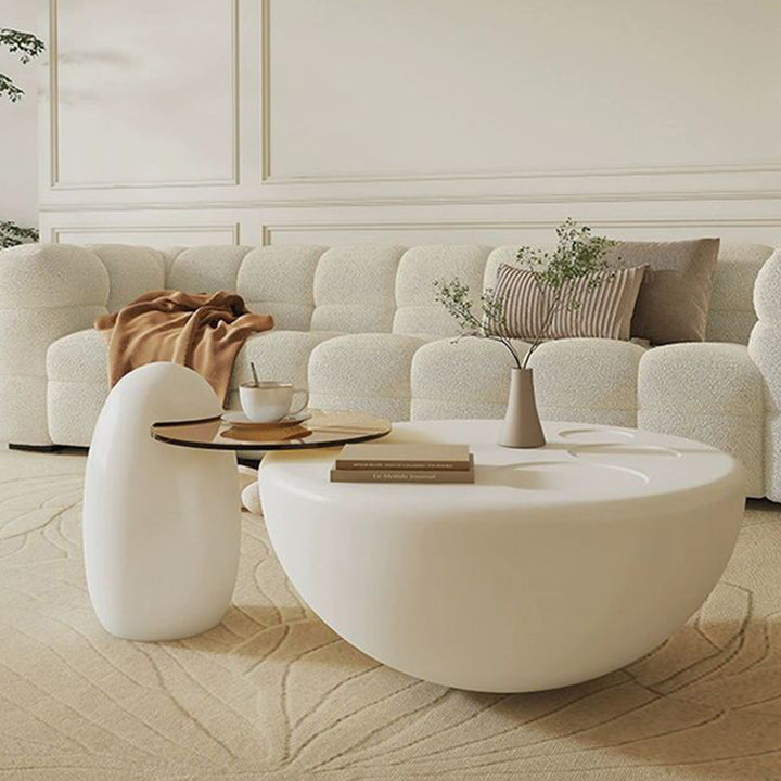 Table basse ronde contemporaine en fibre de verre et verre, en forme d'œuf, à un niveau, pour salon 