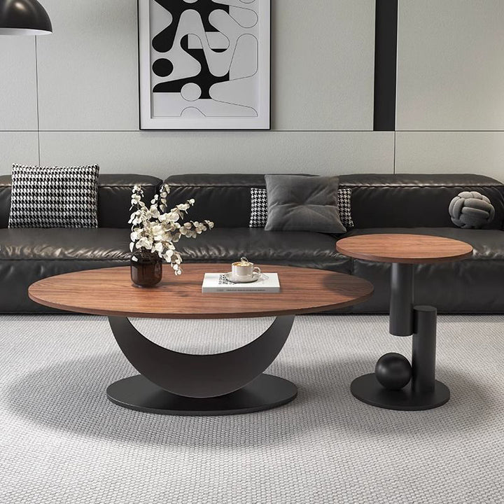 Table basse ovale courbée à 1 niveau en bois d'ingénierie et fer, style scandinave contemporain, pour salon 