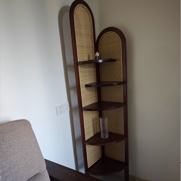 Traditional Chinese Pine Wood PE Arched Corner Shelf Unit 5-Tier For Living Room
