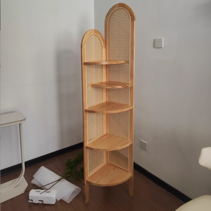 Traditional Chinese Pine Wood PE Arched Corner Shelf Unit 5-Tier For Living Room
