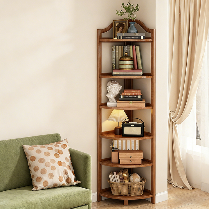 Modern Minimalist Bamboo Fan-Shaped Right-Angle Corner Shelf Unit 3/4/5/6 Tier For Living Room