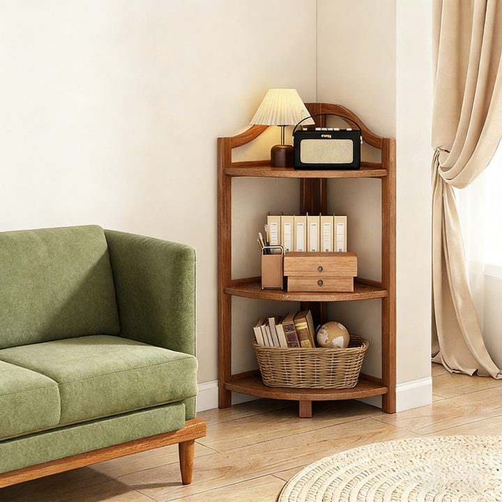 Modern Minimalist Bamboo Fan-Shaped Right-Angle Corner Shelf Unit 3/4/5/6 Tier For Living Room