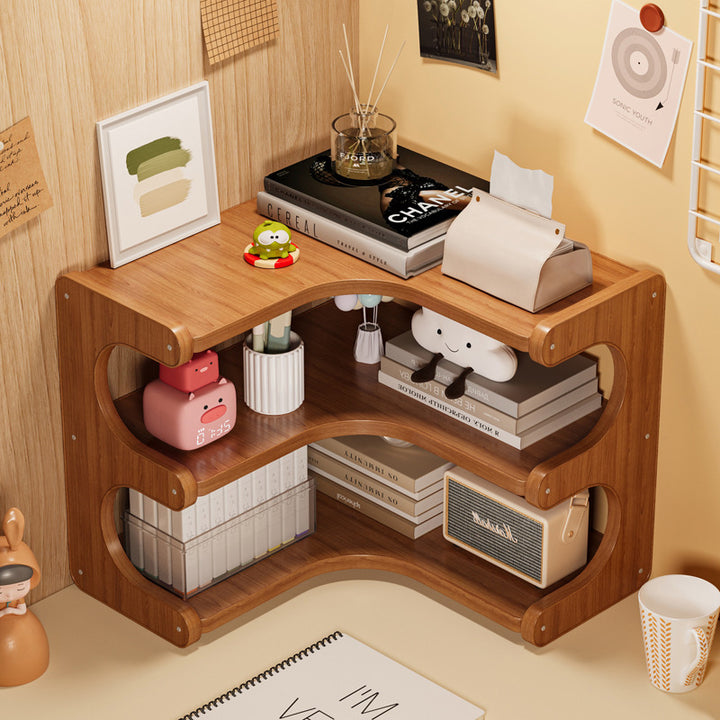 Étagère de rangement incurvée d’angle droit en MDF et bambou vintage traditionnel, 2/3 niveaux, pour salon 