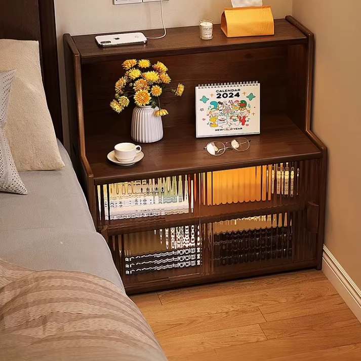 Étagère de rangement rectangulaire arrondie en verre et bois d’hévéa vintage traditionnel à 3/4 niveaux pour chambre à coucher 