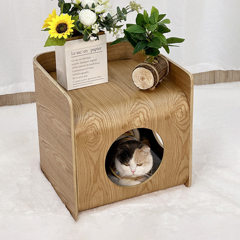 Cama para gatos de roble chino tradicional de varias capas en forma de cuadrado redondeado 1/2 almacenamiento para dormitorio 