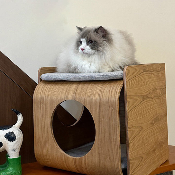 Cama para gatos de roble chino tradicional de varias capas en forma de cuadrado redondeado 1/2 almacenamiento para dormitorio 