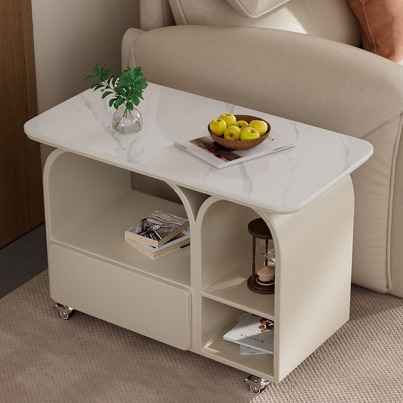 Contemporary Scandinavian Sintered Stone Iron Solid Wood Rounded Rectangular Mobile Coffee Table With 3-Tier For Living Room