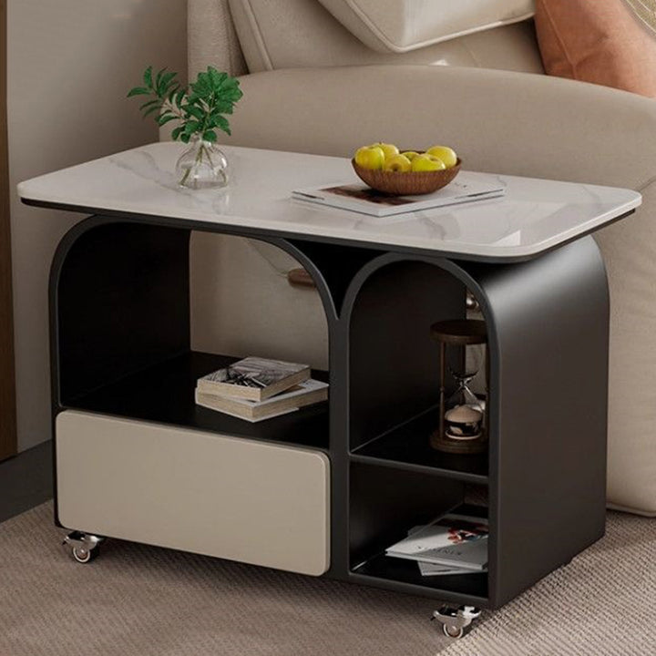 Contemporary Scandinavian Sintered Stone Iron Solid Wood Rounded Rectangular Mobile Coffee Table With 3-Tier For Living Room