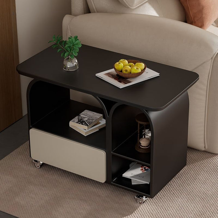 Contemporary Scandinavian Sintered Stone Iron Solid Wood Rounded Rectangular Mobile Coffee Table With 3-Tier For Living Room