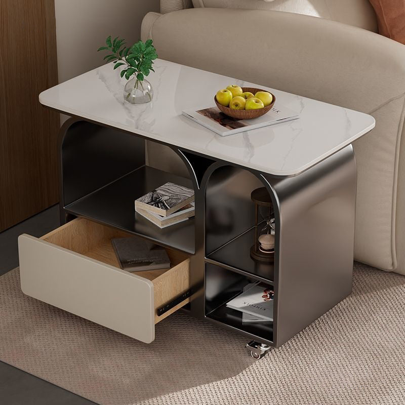 Contemporary Scandinavian Sintered Stone Iron Solid Wood Rounded Rectangular Mobile Coffee Table With 3-Tier For Living Room