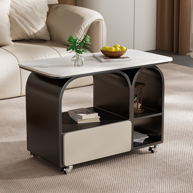 Contemporary Scandinavian Sintered Stone Iron Solid Wood Rounded Rectangular Mobile Coffee Table With 3-Tier For Living Room