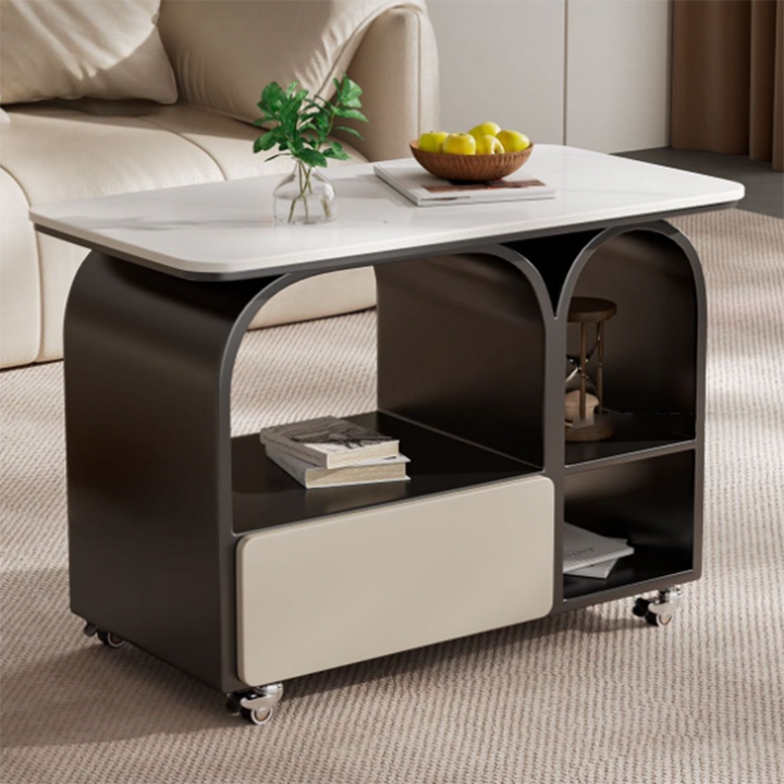 Contemporary Scandinavian Sintered Stone Iron Solid Wood Rounded Rectangular Mobile Coffee Table With 3-Tier For Living Room