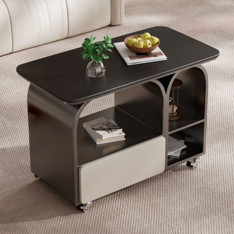 Contemporary Scandinavian Sintered Stone Iron Solid Wood Rounded Rectangular Mobile Coffee Table With 3-Tier For Living Room