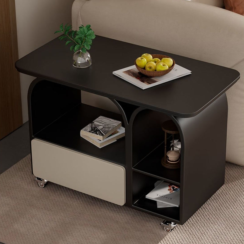 Contemporary Scandinavian Sintered Stone Iron Solid Wood Rounded Rectangular Mobile Coffee Table With 3-Tier For Living Room