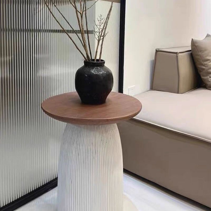 Contemporary Scandinavian Magnesium Oxide Round Textured Cylindrical Coffee Table 1-Tier For Living Room