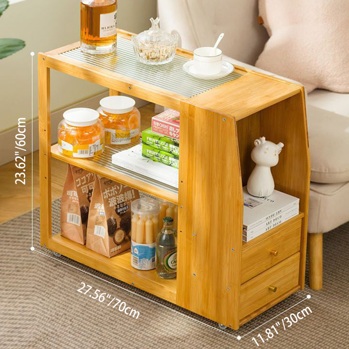 Table basse rectangulaire mobile en bambou et verre traditionnel chinois à 3 niveaux pour salon 