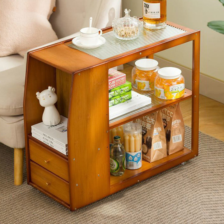 Table basse rectangulaire mobile en bambou et verre traditionnel chinois à 3 niveaux pour salon 