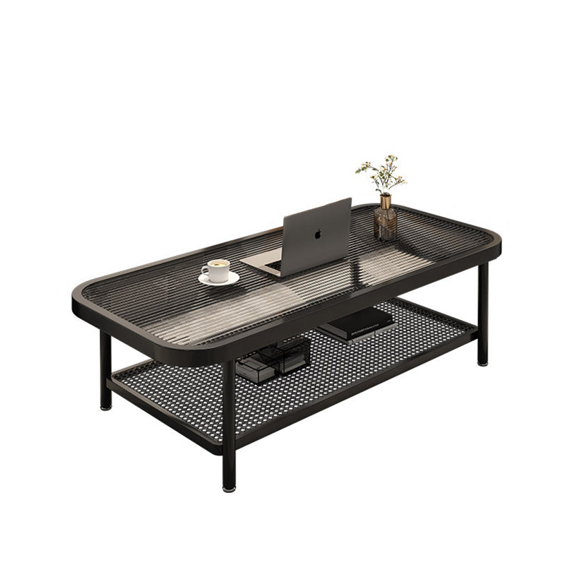 Traditional French Glass Iron Rounded Rectangular Coffee Table 2-Tier For Living Room
