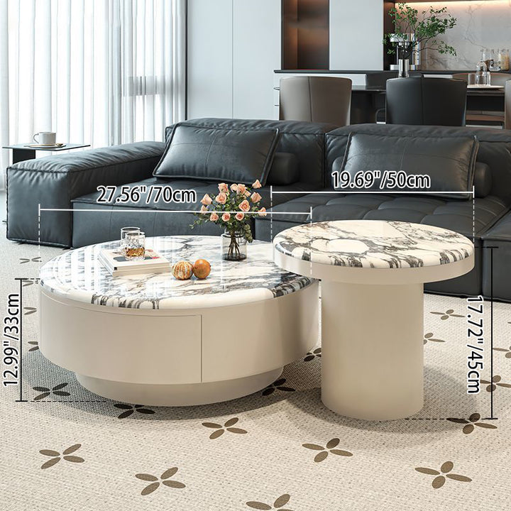 Table basse ronde cylindrique contemporaine de style scandinave en pierre microcristalline, acier au carbone, acrylique et bois massif avec 1 tiroir pour salon 