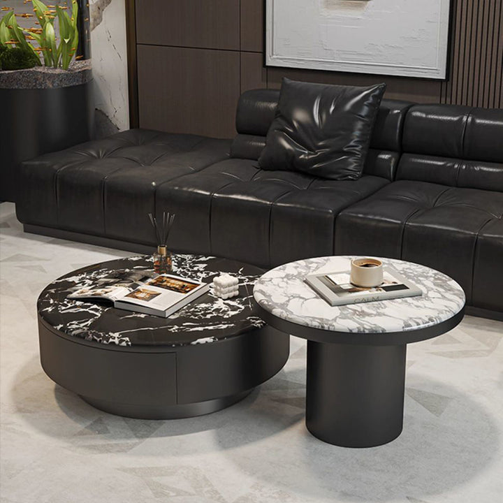 Contemporary Scandinavian Microcrystalline Stone Carbon Steel Acrylic Solid Wood Round Cylindrical Coffee Table With 1-Drawer For Living Room