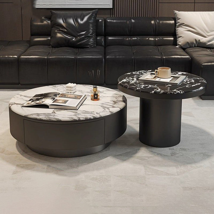 Contemporary Scandinavian Microcrystalline Stone Carbon Steel Acrylic Solid Wood Round Cylindrical Coffee Table With 1-Drawer For Living Room