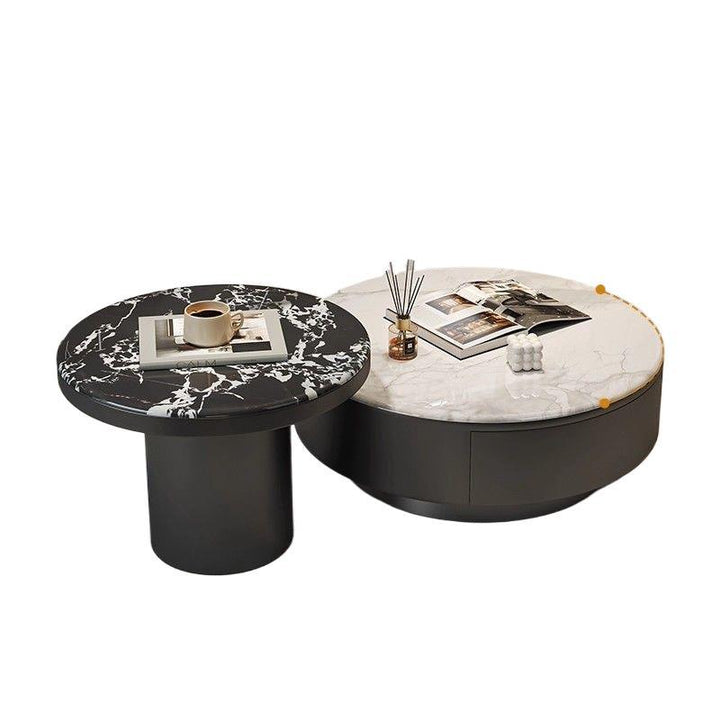Contemporary Scandinavian Microcrystalline Stone Carbon Steel Acrylic Solid Wood Round Cylindrical Coffee Table With 1-Drawer For Living Room