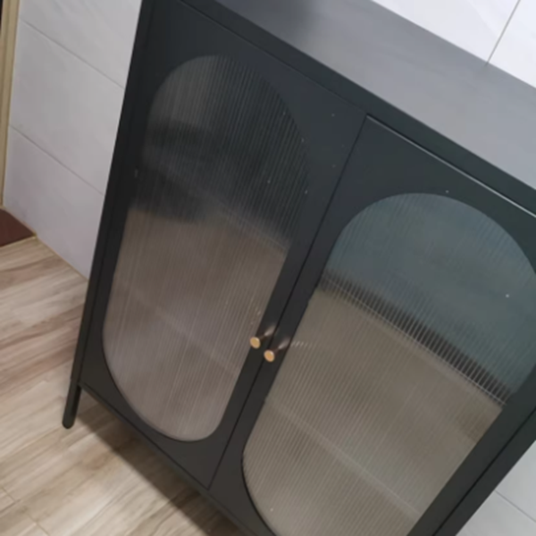 Traditional Chinese PC Sun Panel Cold Rolled Steel Arched Textured Rectangular Storage Cabinet 3-Tier For Living Room