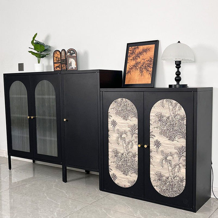 Traditional Chinese PC Sun Panel Cold Rolled Steel Arched Textured Rectangular Storage Cabinet 3-Tier For Living Room