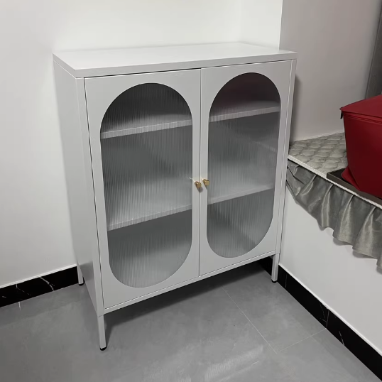 Traditional Chinese PC Sun Panel Cold Rolled Steel Arched Textured Rectangular Storage Cabinet 3-Tier For Living Room