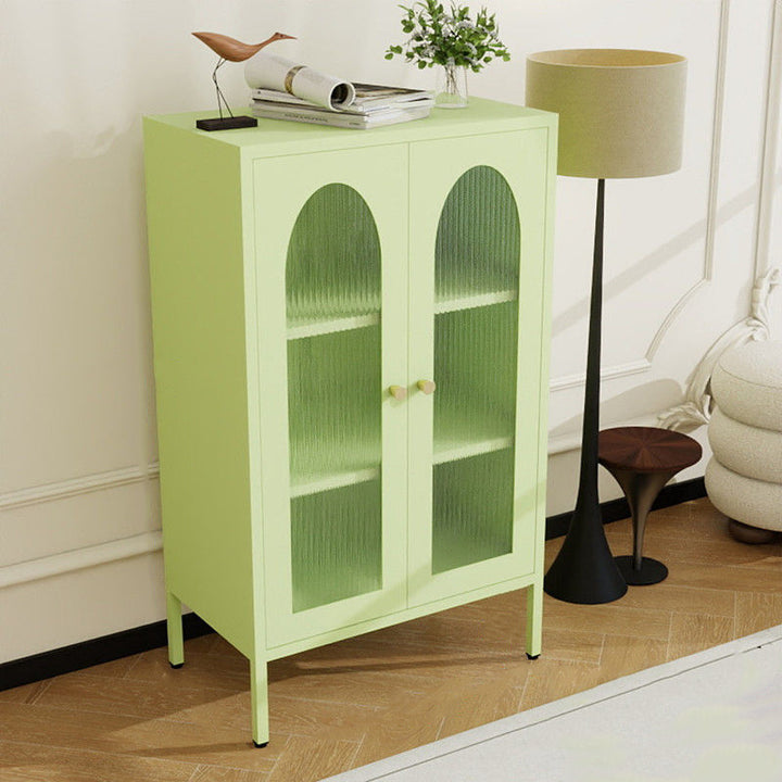 Traditional Chinese PC Sun Panel Cold Rolled Steel Arched Textured Rectangular Storage Cabinet 3-Tier For Living Room
