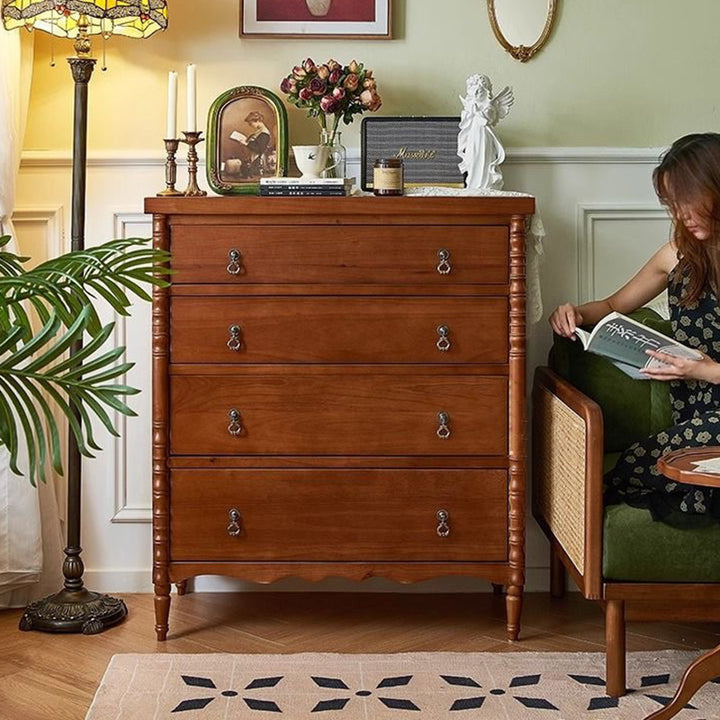 Traditional French Ash Wood Round Rectangular Storage Cabinet 4 Drawers For Living Room