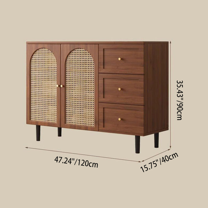 Traditional French Engineered Wood Glass Rattan Rectangular Cylindrical Storage Cabinet 2-Tier For Living Room