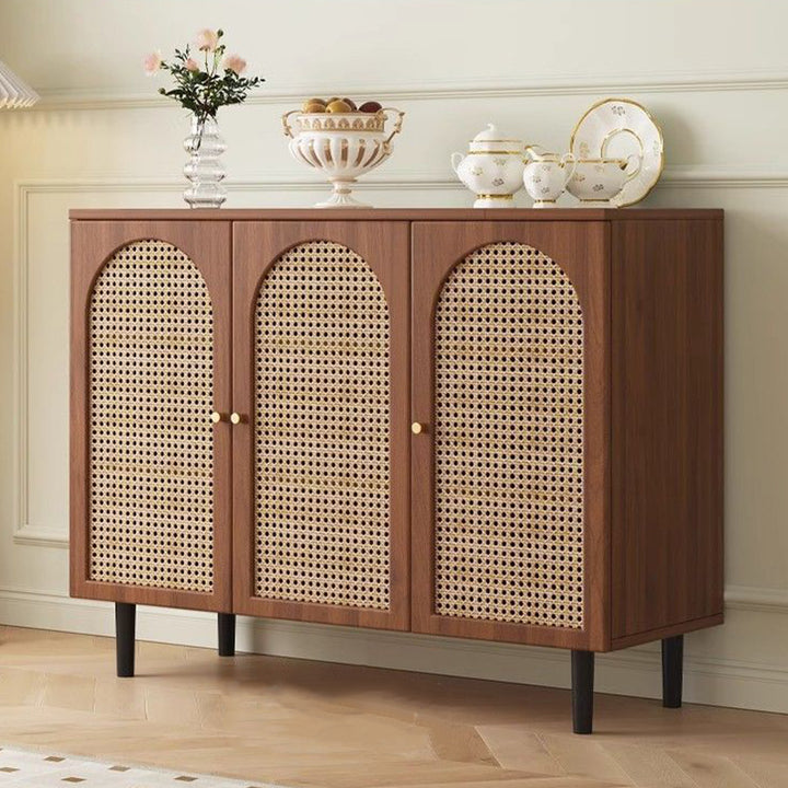 Armoire de rangement rectangulaire cylindrique à 2 niveaux en bois d’ingénierie, verre et rotin, style français traditionnel, pour salon 