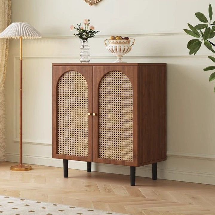 Traditional French Engineered Wood Glass Rattan Rectangular Cylindrical Storage Cabinet 2-Tier For Living Room