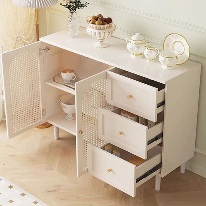 Armoire de rangement rectangulaire cylindrique à 2 niveaux en bois d’ingénierie, verre et rotin, style français traditionnel, pour salon 