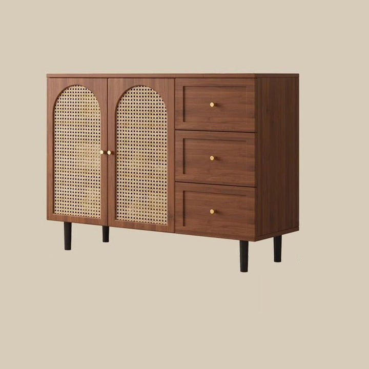 Traditional French Engineered Wood Glass Rattan Rectangular Cylindrical Storage Cabinet 2-Tier For Living Room